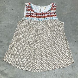 Anthropologie Meadow Rue  white &‎ tan print embroidered tank top / Size S